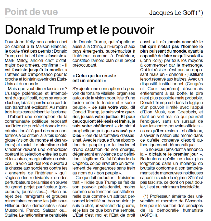 Article point de vue du journal ouest-France du 27 janvier 2025. Donald Trump et le pouvoir